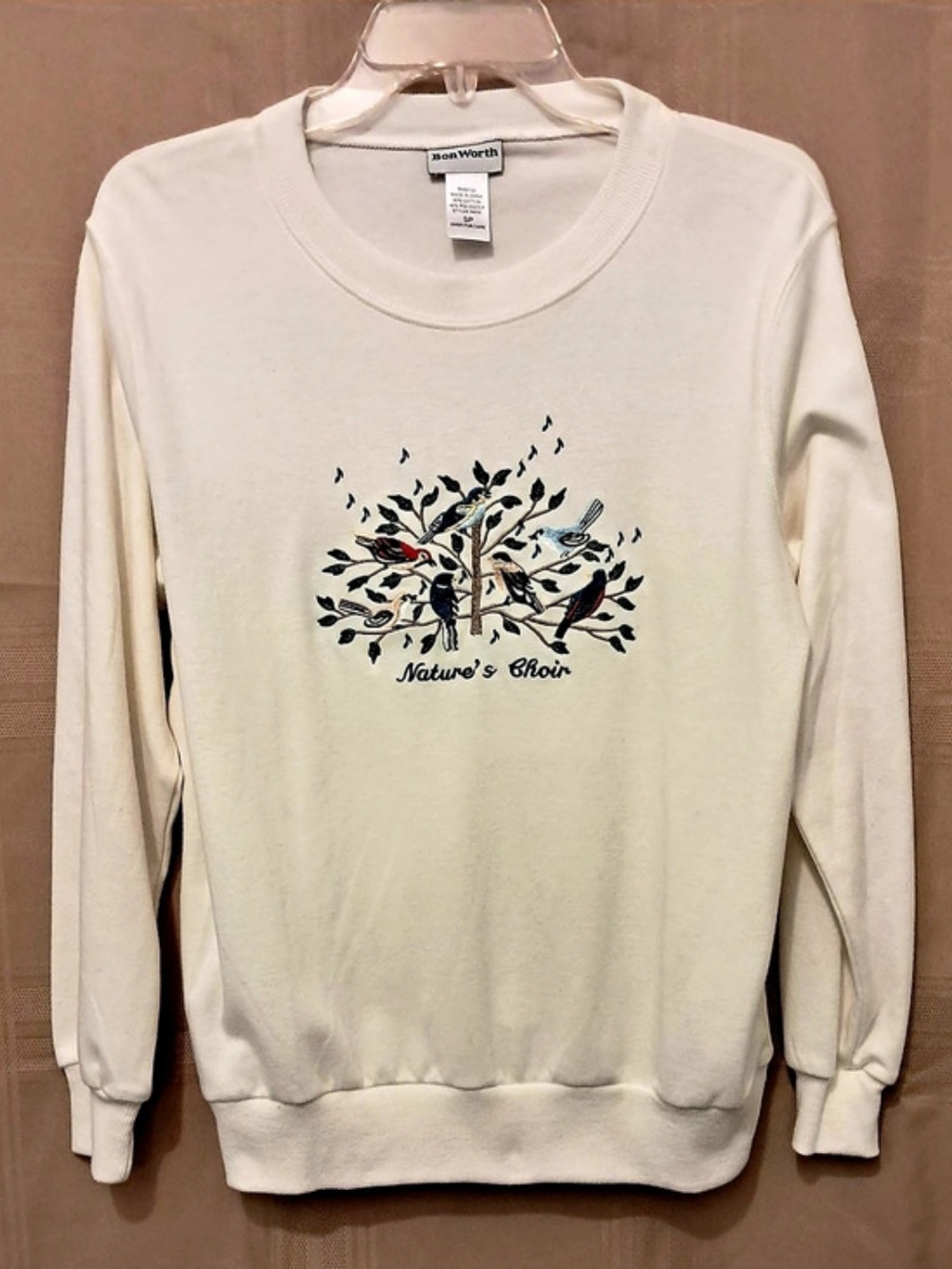 BonWorth Nature's Choir Embroidered Sweatshirt in White Size Small